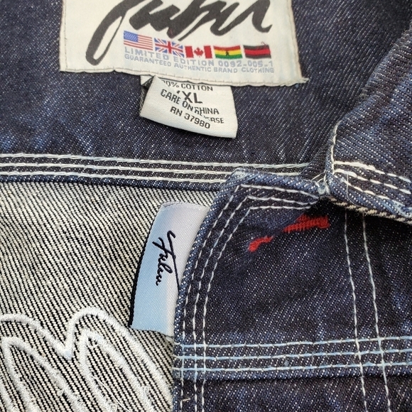 FUBU Denim Blue Jean Jacket Men 2XL Multi Pocket Embroidered Logo Button Up READ - Picture 11 of 16